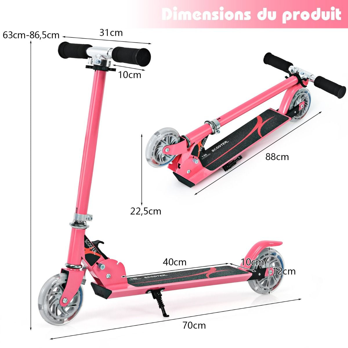 Trottinette Enfant 2 Roues Patinette Enfant Pliable Scooter Enfant Kick Avec LED Lumière Hauteur Réglable Bleu/Bleu Foncé/Rose/Rouge/Violet