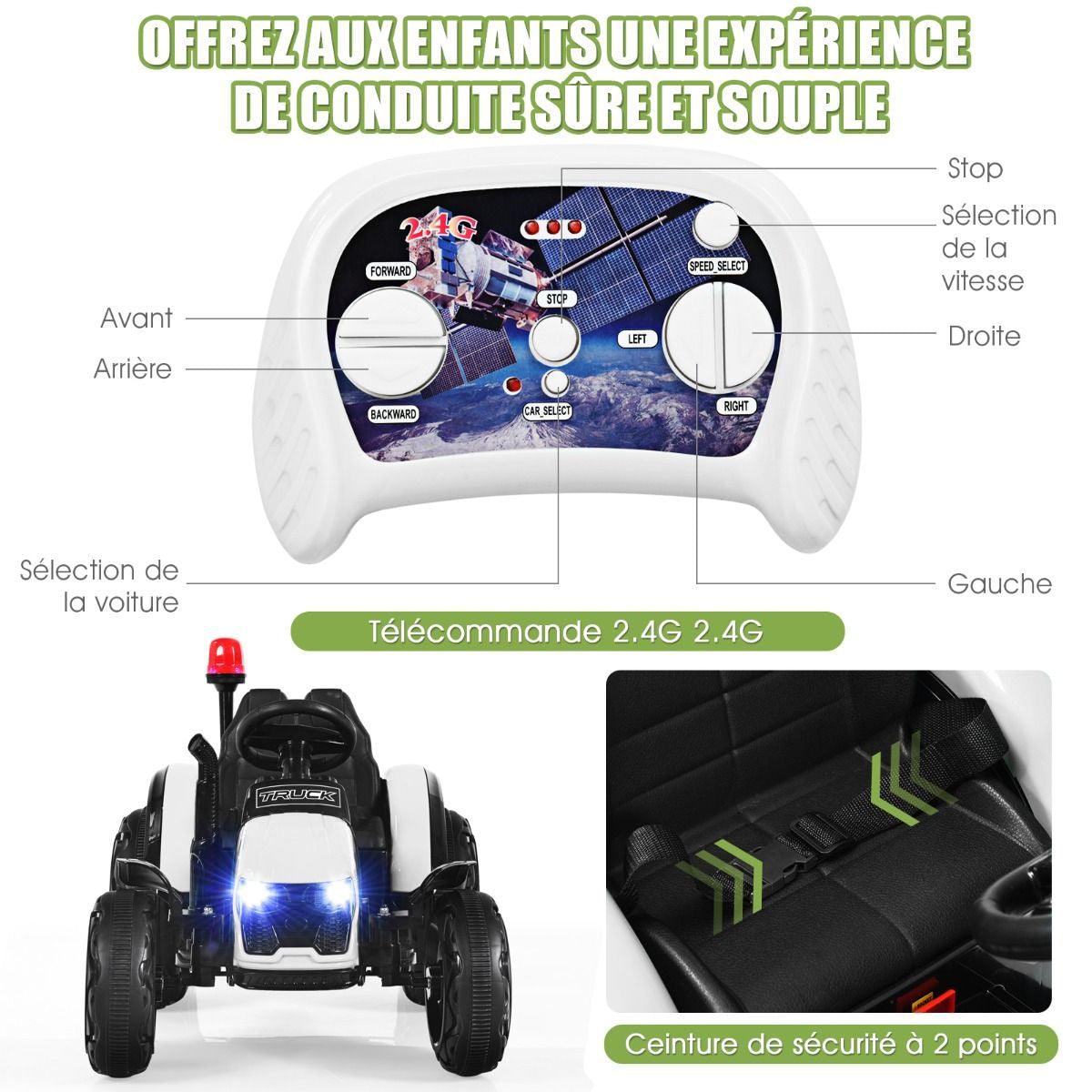 Tracteur Electrique Avec Télécommande 2.4G 12V 7AH Vitesse : 3-8 Km/H MP3 Port USB Pour Enfants De 3 À 8 Ans Blanc/Noir/Rouge/Vert