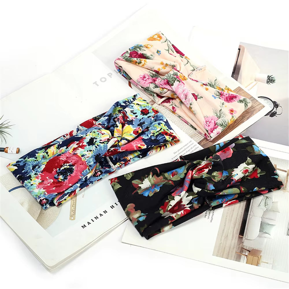 Women Boho Yoga Hair Bands Flower Print Wide Running Stretch Elastic Headband Polyester Bandana Hair Sports Gifts Accessories