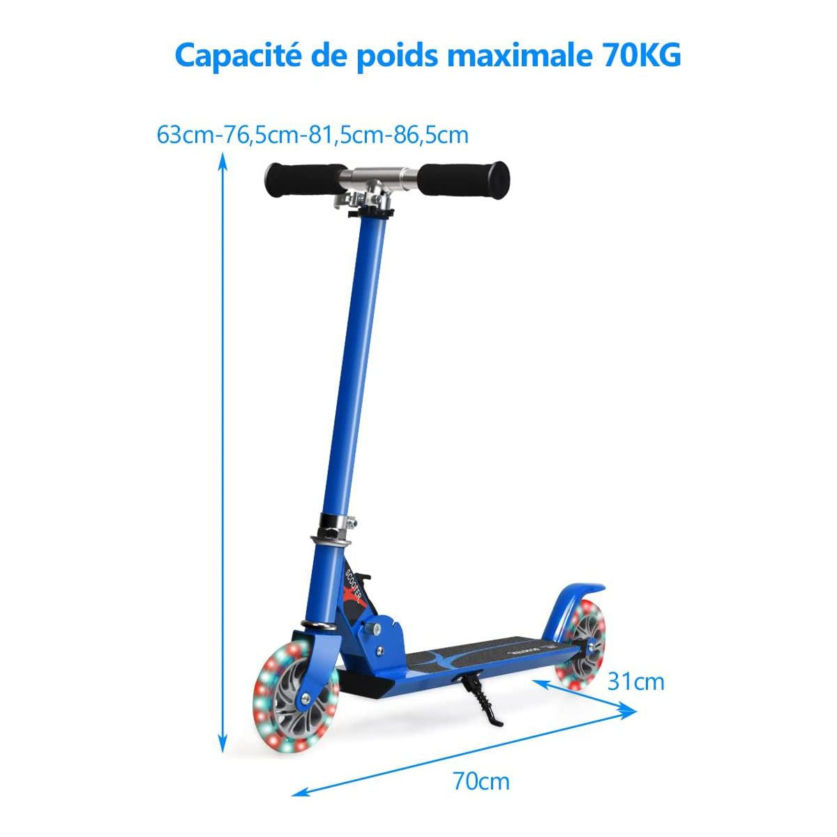 Trottinette Enfant 2 Roues Patinette Enfant Pliable Scooter Enfant Kick Avec LED Lumière Hauteur Réglable Bleu/Bleu Foncé/Rose/Rouge/Violet