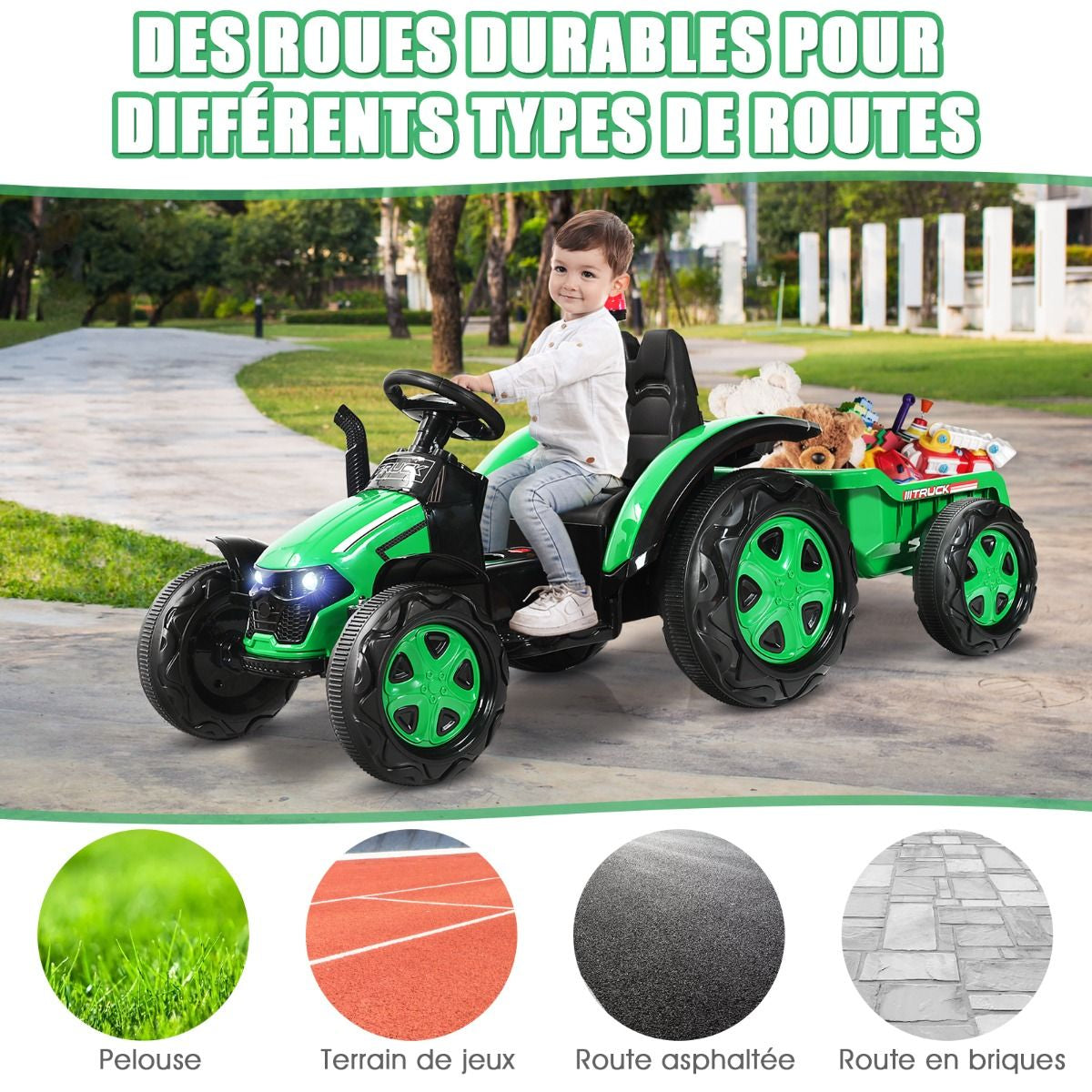 Tracteur Electrique Avec Télécommande 2.4G 12V 7AH Vitesse : 3-8 Km/H MP3 Port USB Pour Enfants De 3 À 8 Ans Blanc/Noir/Rouge/Vert