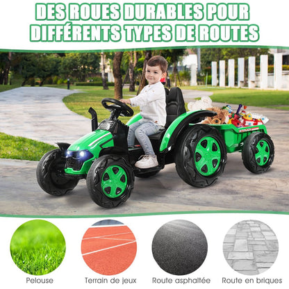 Tracteur Electrique Avec Télécommande 2.4G 12V 7AH Vitesse : 3-8 Km/H MP3 Port USB Pour Enfants De 3 À 8 Ans Blanc/Noir/Rouge/Vert