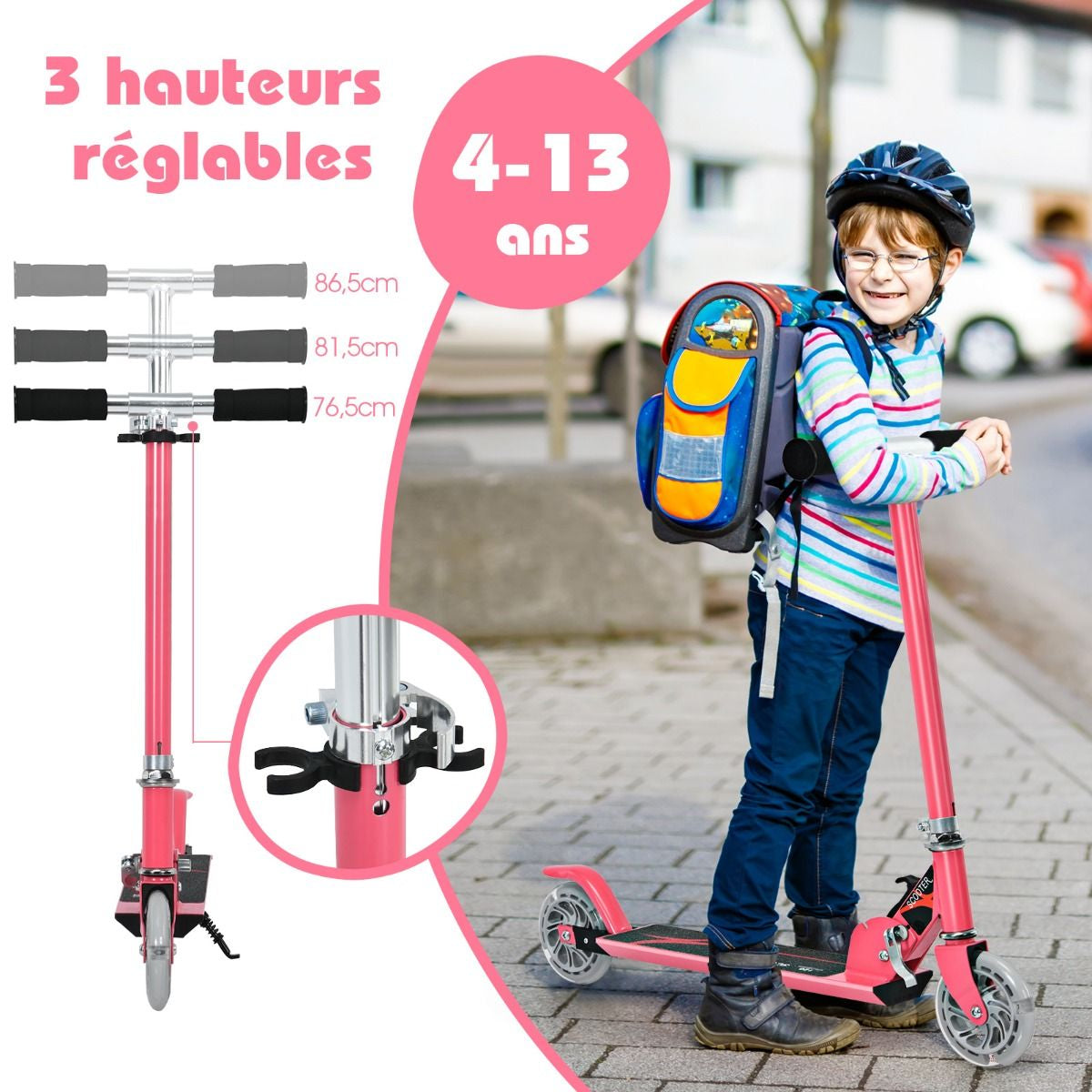 Trottinette Enfant 2 Roues Patinette Enfant Pliable Scooter Enfant Kick Avec LED Lumière Hauteur Réglable Bleu/Bleu Foncé/Rose/Rouge/Violet