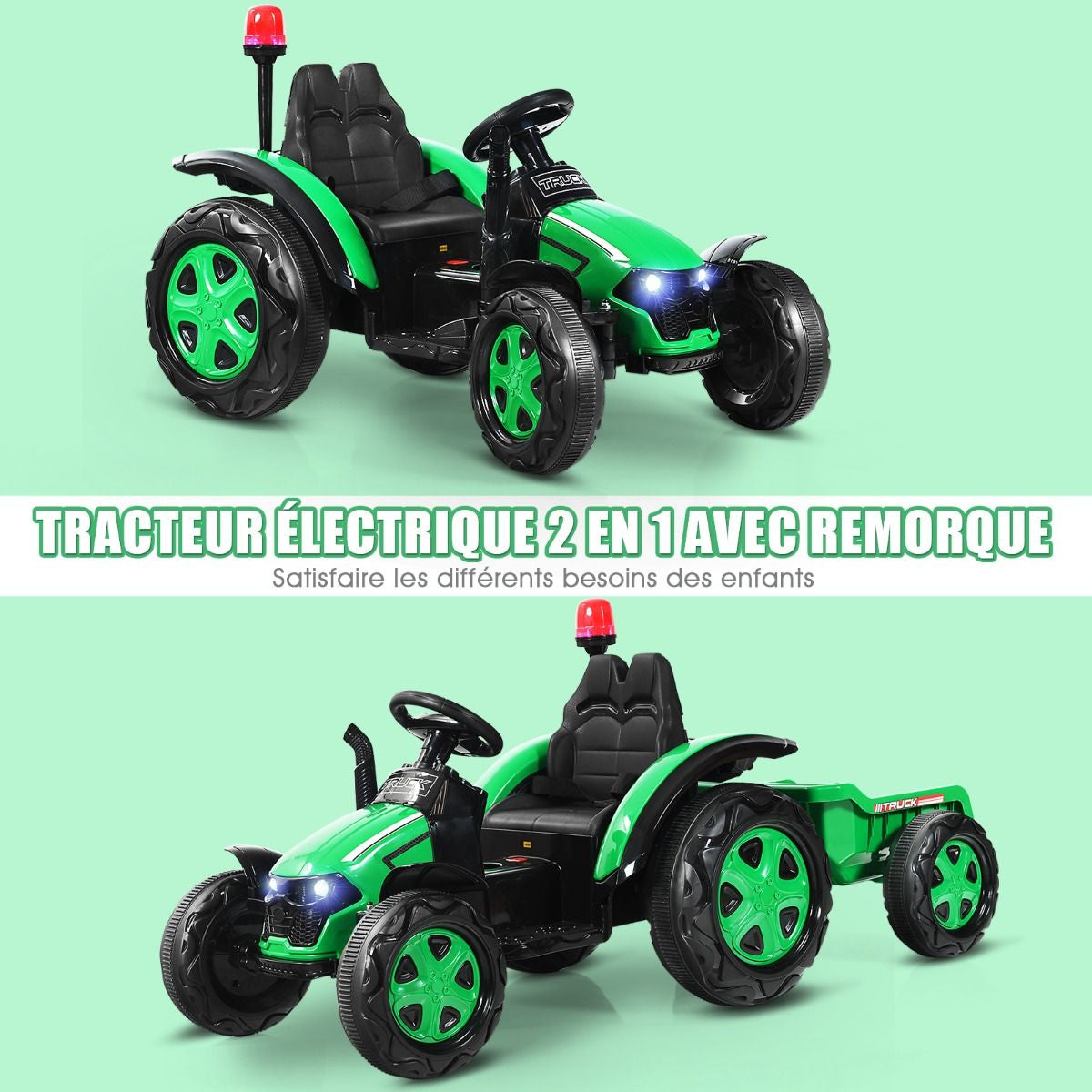 Tracteur Electrique Avec Télécommande 2.4G 12V 7AH Vitesse : 3-8 Km/H MP3 Port USB Pour Enfants De 3 À 8 Ans Blanc/Noir/Rouge/Vert
