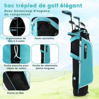 Ensemble Complet De Clubs De Golf Junior Pour Enfants De 11 À 13 Ans Driver #1 Hybride #5 Fers #7 #9 #S Et Putter Sac Trépied Avec Capuche Anti-Pluie Bleu/Rose/Vert