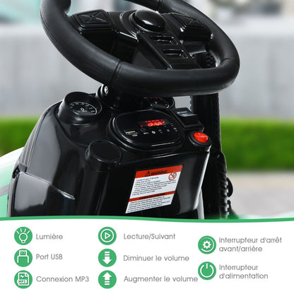 Tracteur Electrique Avec Télécommande 2.4G 12V 7AH Vitesse : 3-8 Km/H MP3 Port USB Pour Enfants De 3 À 8 Ans Blanc/Noir/Rouge/Vert