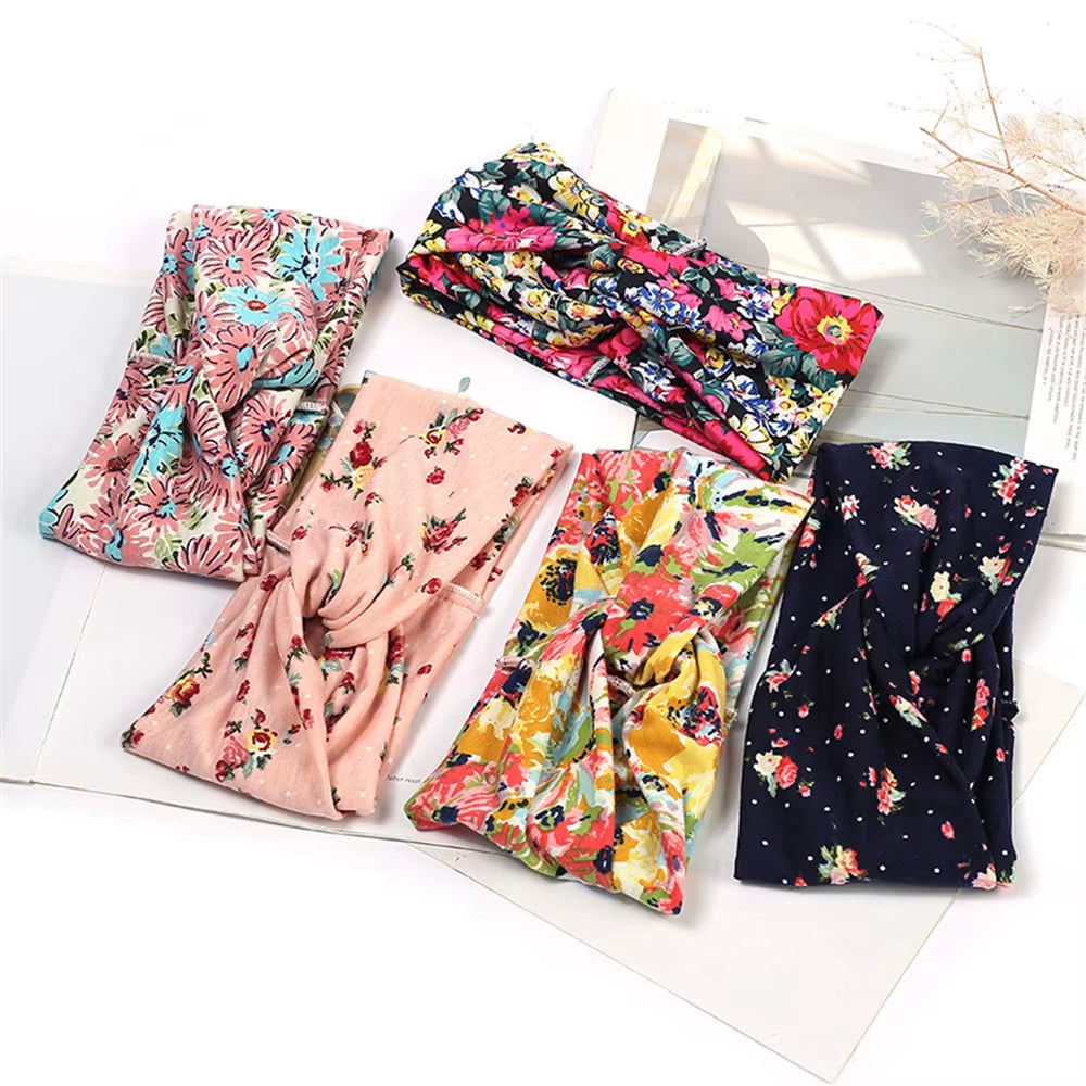 Women Boho Yoga Hair Bands Flower Print Wide Running Stretch Elastic Headband Polyester Bandana Hair Sports Gifts Accessories