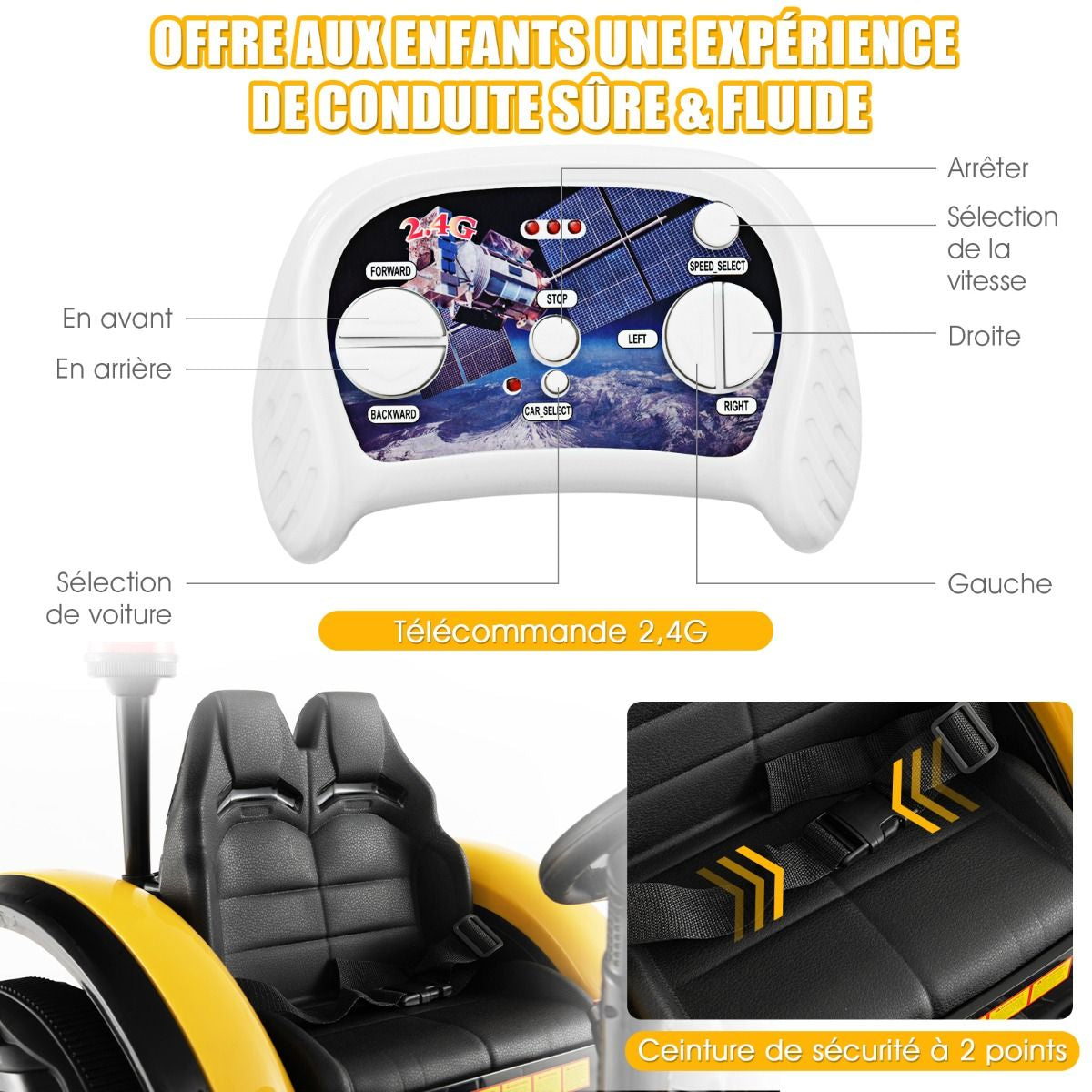 Tracteur Electrique Avec Télécommande 2.4G 12V 7AH Vitesse : 3-8 Km/H MP3 Port USB Pour Enfants De 3 À 8 Ans Blanc/Noir/Rouge/Vert