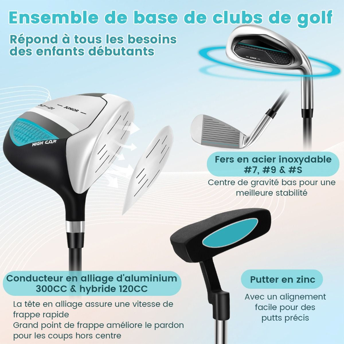 Ensemble Complet De Clubs De Golf Junior Pour Enfants De 11 À 13 Ans Driver #1 Hybride #5 Fers #7 #9 #S Et Putter Sac Trépied Avec Capuche Anti-Pluie Bleu/Rose/Vert