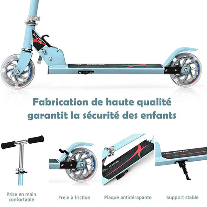 Trottinette Enfant 2 Roues Patinette Enfant Pliable Scooter Enfant Kick Avec LED Lumière Hauteur Réglable Bleu/Bleu Foncé/Rose/Rouge/Violet
