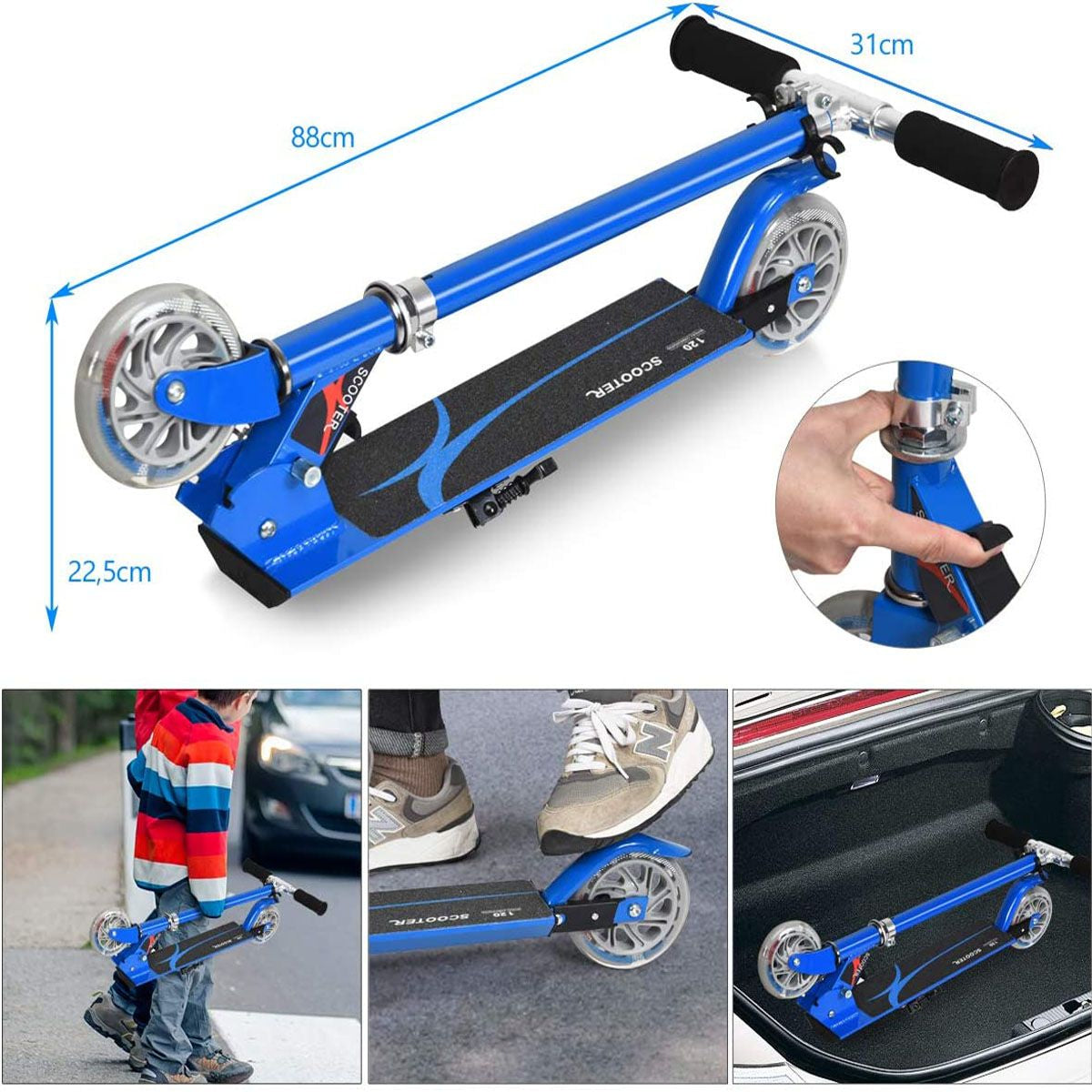 Trottinette Enfant 2 Roues Patinette Enfant Pliable Scooter Enfant Kick Avec LED Lumière Hauteur Réglable Bleu/Bleu Foncé/Rose/Rouge/Violet