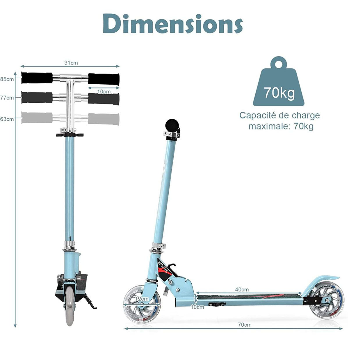Trottinette Enfant 2 Roues Patinette Enfant Pliable Scooter Enfant Kick Avec LED Lumière Hauteur Réglable Bleu/Bleu Foncé/Rose/Rouge/Violet