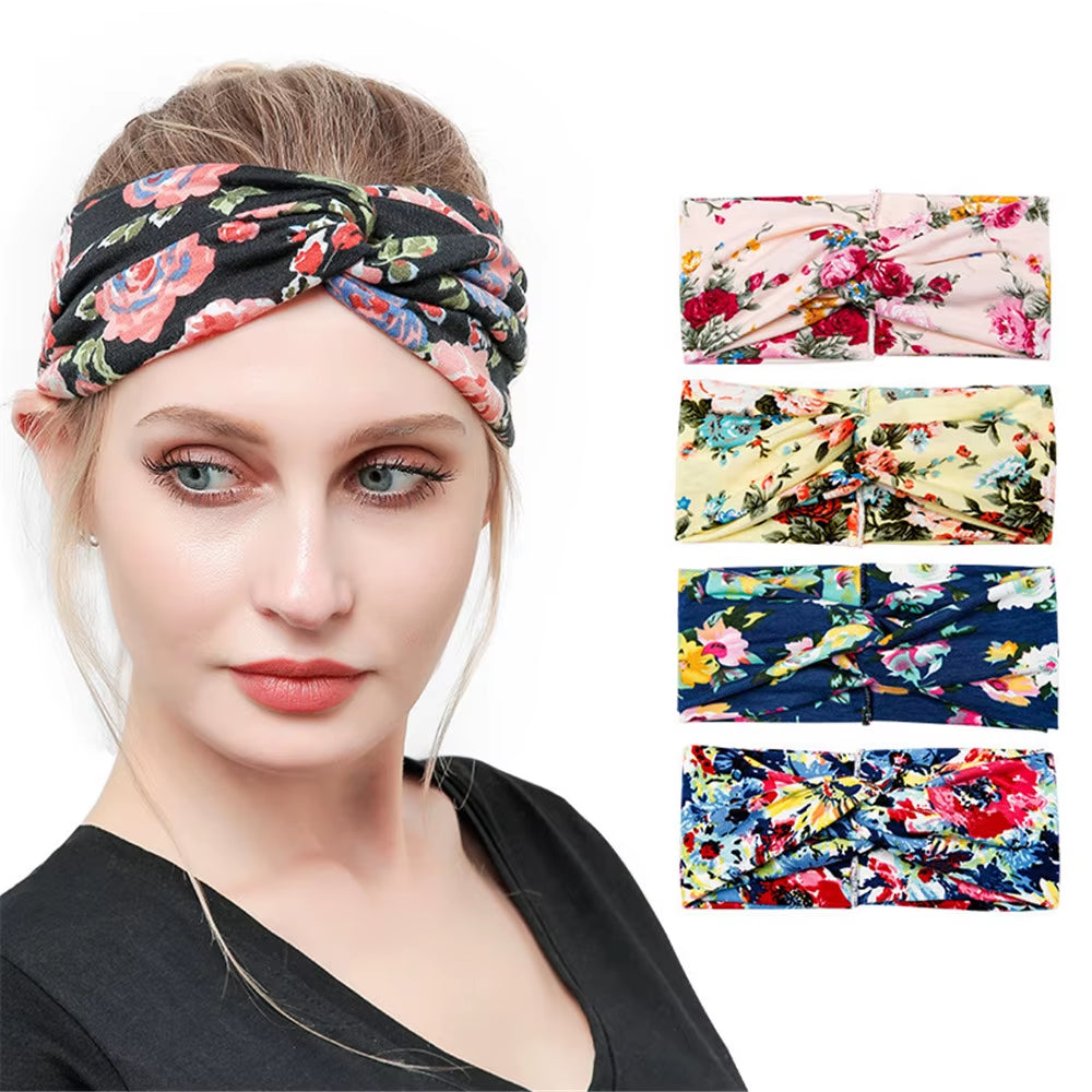 Women Boho Yoga Hair Bands Flower Print Wide Running Stretch Elastic Headband Polyester Bandana Hair Sports Gifts Accessories
