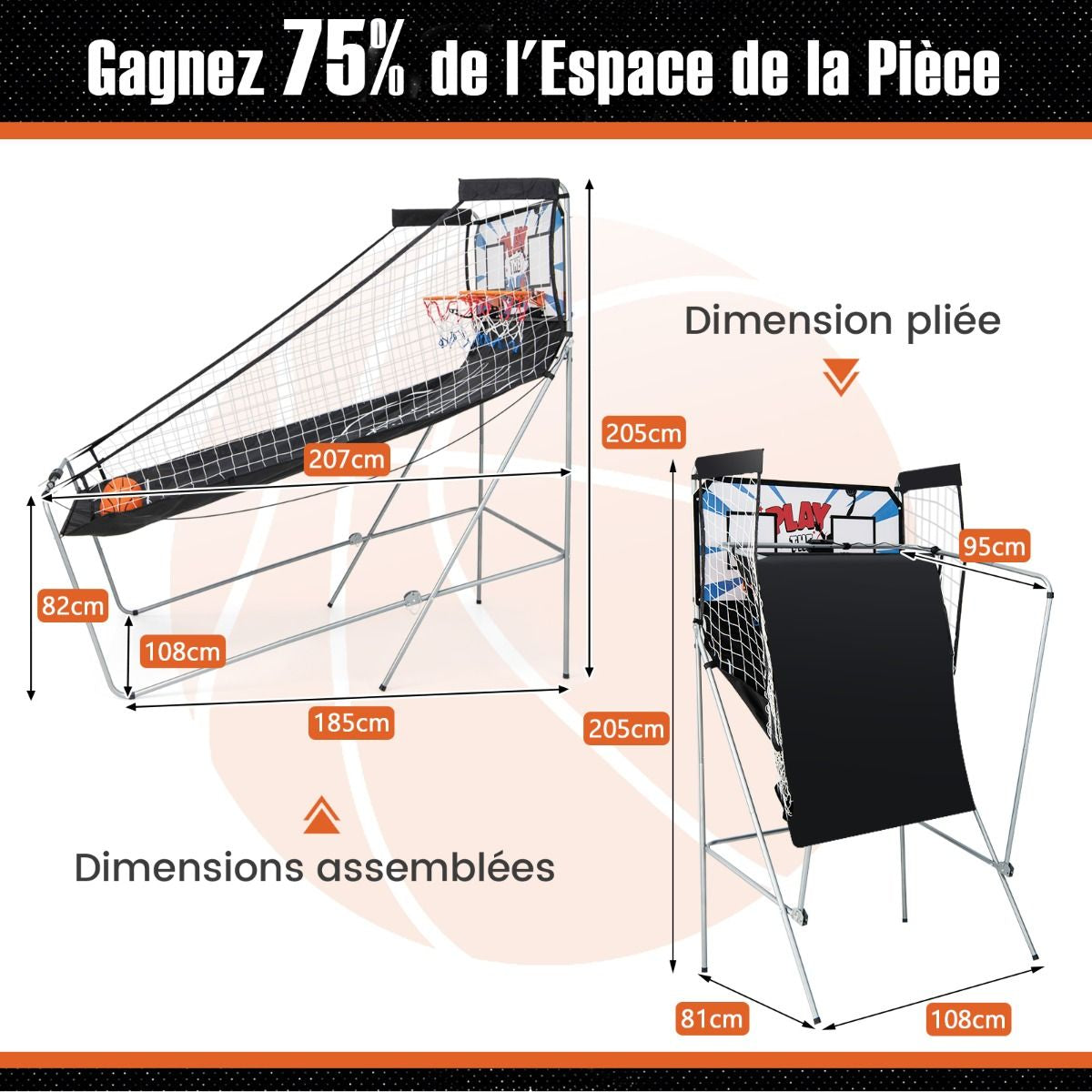Jeu De Basketball Arcade Panier Compteur Basketball Panier De Basketball Arcade Blanc Et Noir 185X108X205Cm En Acier Bleu/Blanc/Gris/Violet