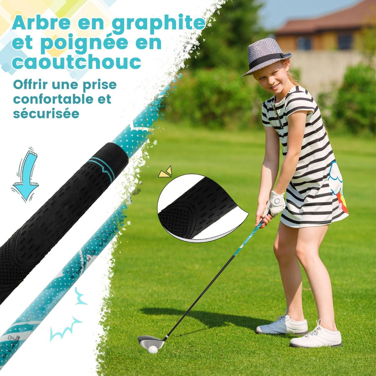 Ensemble Complet De Clubs De Golf Junior Pour Enfants De 11 À 13 Ans Driver #1 Hybride #5 Fers #7 #9 #S Et Putter Sac Trépied Avec Capuche Anti-Pluie Bleu/Rose/Vert