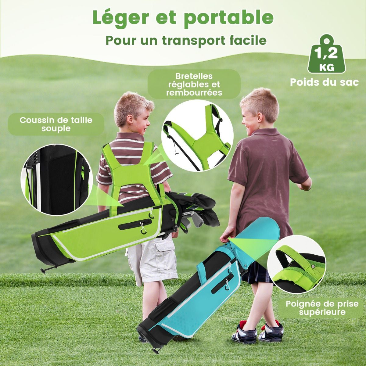 Ensemble Complet De Clubs De Golf Junior Pour Enfants De 11 À 13 Ans Driver #1 Hybride #5 Fers #7 #9 #S Et Putter Sac Trépied Avec Capuche Anti-Pluie Bleu/Rose/Vert
