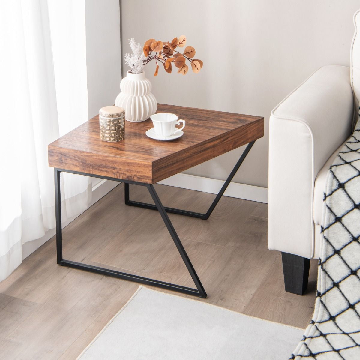 Lot De 2 Tables Basses Gigognes Avec Cadre Métal, Tables D'Appoint Style Industriel Avec 8 Pieds Antidérapants Réglables Noir+Marron