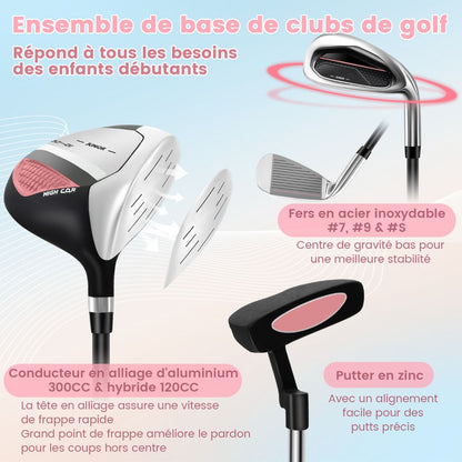 Ensemble Complet De Clubs De Golf Junior Pour Enfants De 11 À 13 Ans Driver #1 Hybride #5 Fers #7 #9 #S Et Putter Sac Trépied Avec Capuche Anti-Pluie Bleu/Rose/Vert