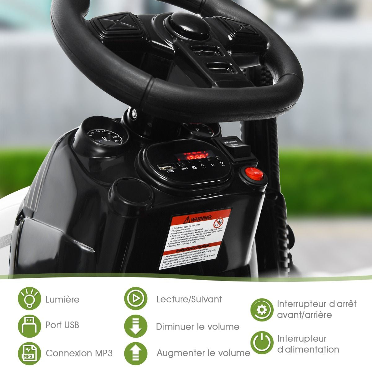 Tracteur Electrique Avec Télécommande 2.4G 12V 7AH Vitesse : 3-8 Km/H MP3 Port USB Pour Enfants De 3 À 8 Ans Blanc/Noir/Rouge/Vert