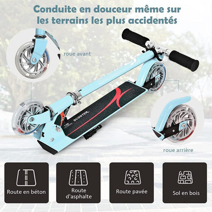 Trottinette Enfant 2 Roues Patinette Enfant Pliable Scooter Enfant Kick Avec LED Lumière Hauteur Réglable Bleu/Bleu Foncé/Rose/Rouge/Violet