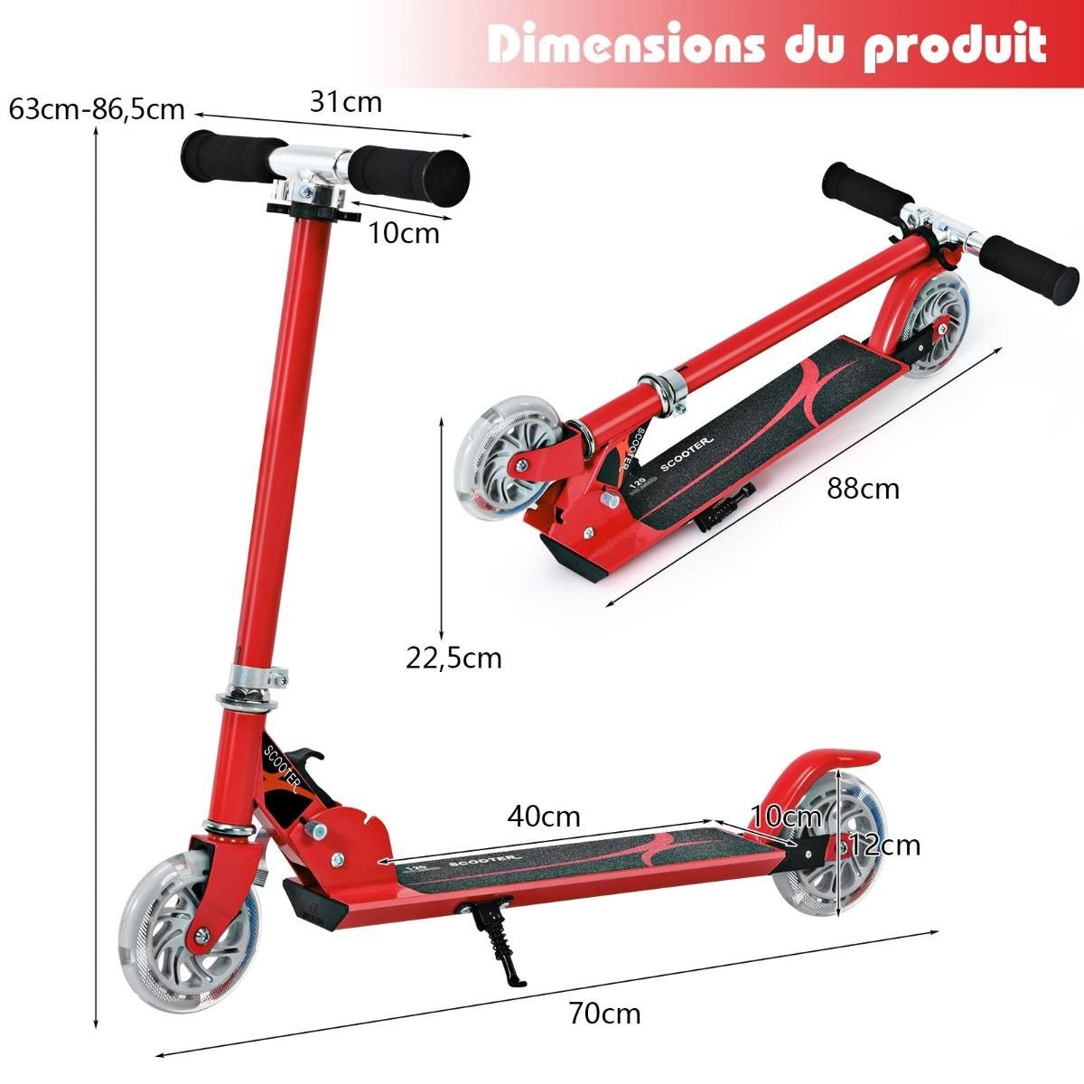 Trottinette Enfant 2 Roues Patinette Enfant Pliable Scooter Enfant Kick Avec LED Lumière Hauteur Réglable Bleu/Bleu Foncé/Rose/Rouge/Violet