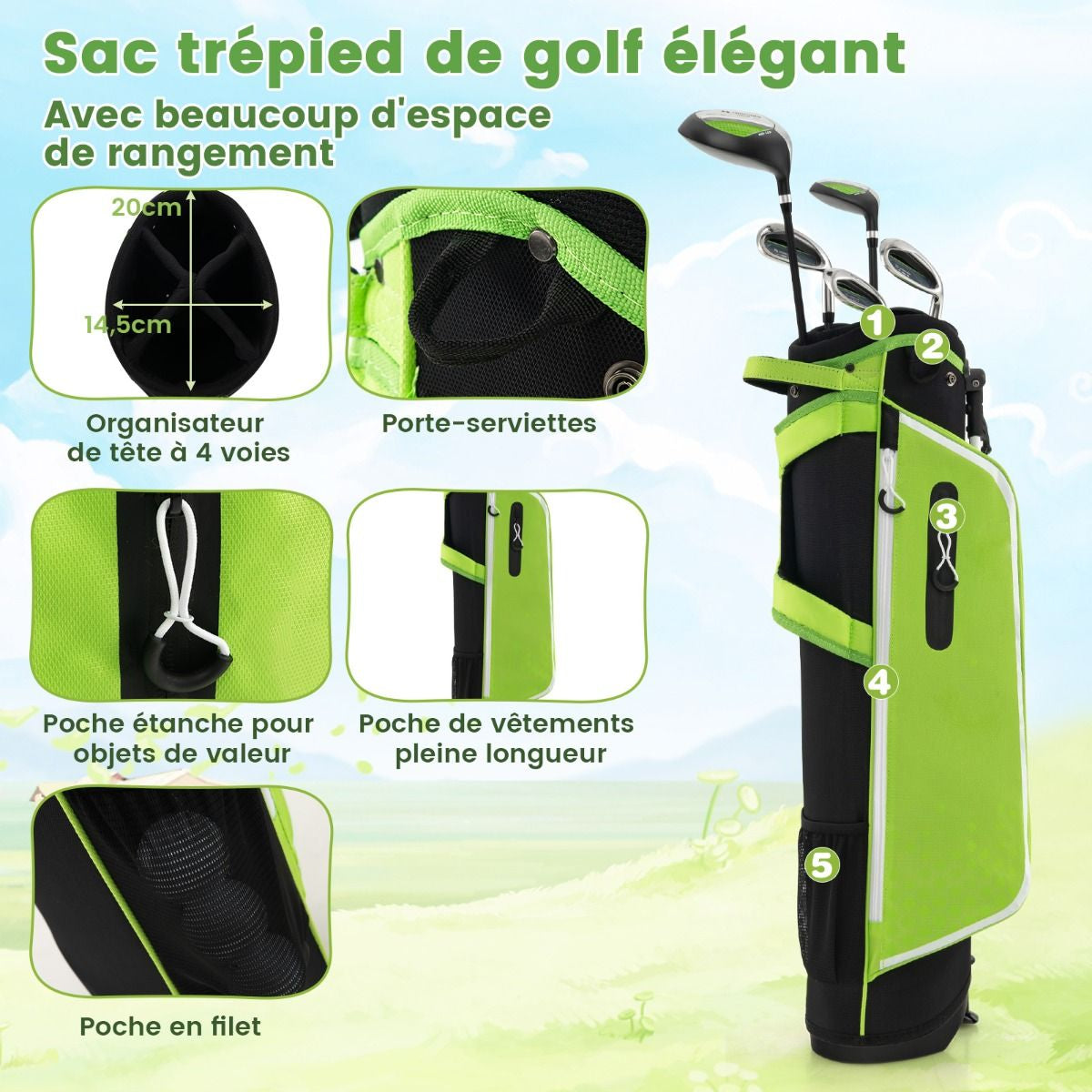 Ensemble Complet De Clubs De Golf Junior Pour Enfants De 11 À 13 Ans Driver #1 Hybride #5 Fers #7 #9 #S Et Putter Sac Trépied Avec Capuche Anti-Pluie Bleu/Rose/Vert