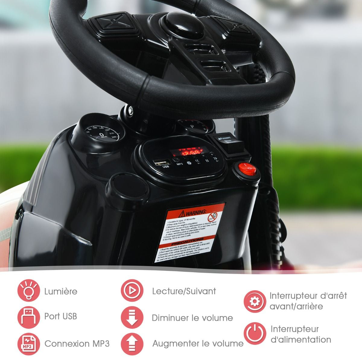 Tracteur Electrique Avec Télécommande 2.4G 12V 7AH Vitesse : 3-8 Km/H MP3 Port USB Pour Enfants De 3 À 8 Ans Blanc/Noir/Rouge/Vert