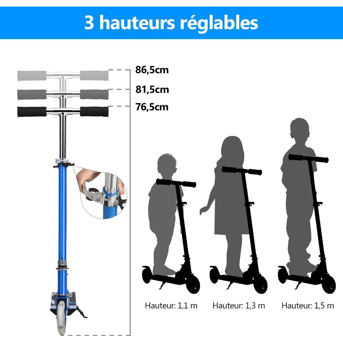 Trottinette Enfant 2 Roues Patinette Enfant Pliable Scooter Enfant Kick Avec LED Lumière Hauteur Réglable Bleu/Bleu Foncé/Rose/Rouge/Violet