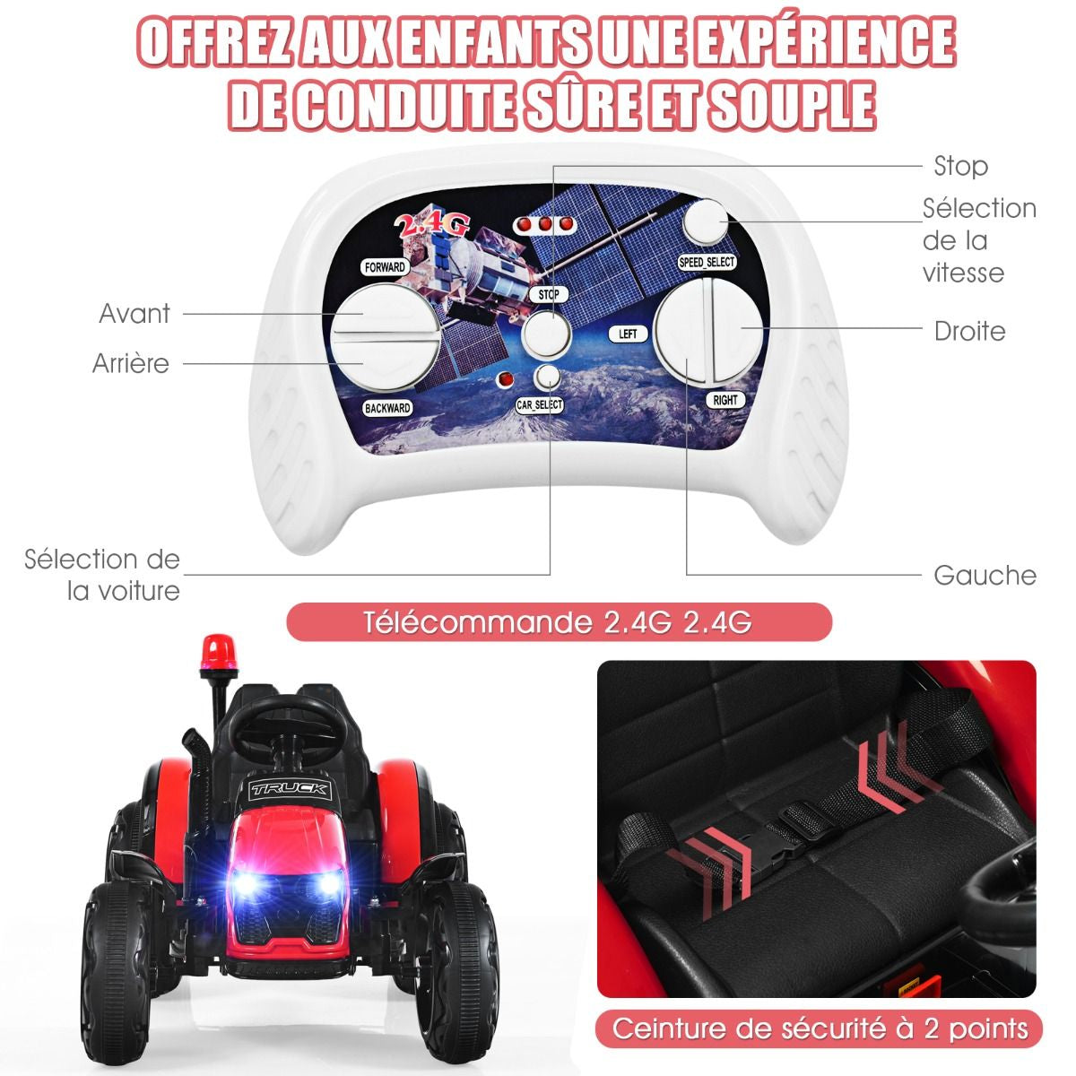 Tracteur Electrique Avec Télécommande 2.4G 12V 7AH Vitesse : 3-8 Km/H MP3 Port USB Pour Enfants De 3 À 8 Ans Blanc/Noir/Rouge/Vert