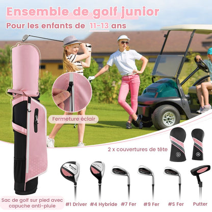Ensemble Complet De Clubs De Golf Junior Pour Enfants De 11 À 13 Ans Driver #1 Hybride #5 Fers #7 #9 #S Et Putter Sac Trépied Avec Capuche Anti-Pluie Bleu/Rose/Vert