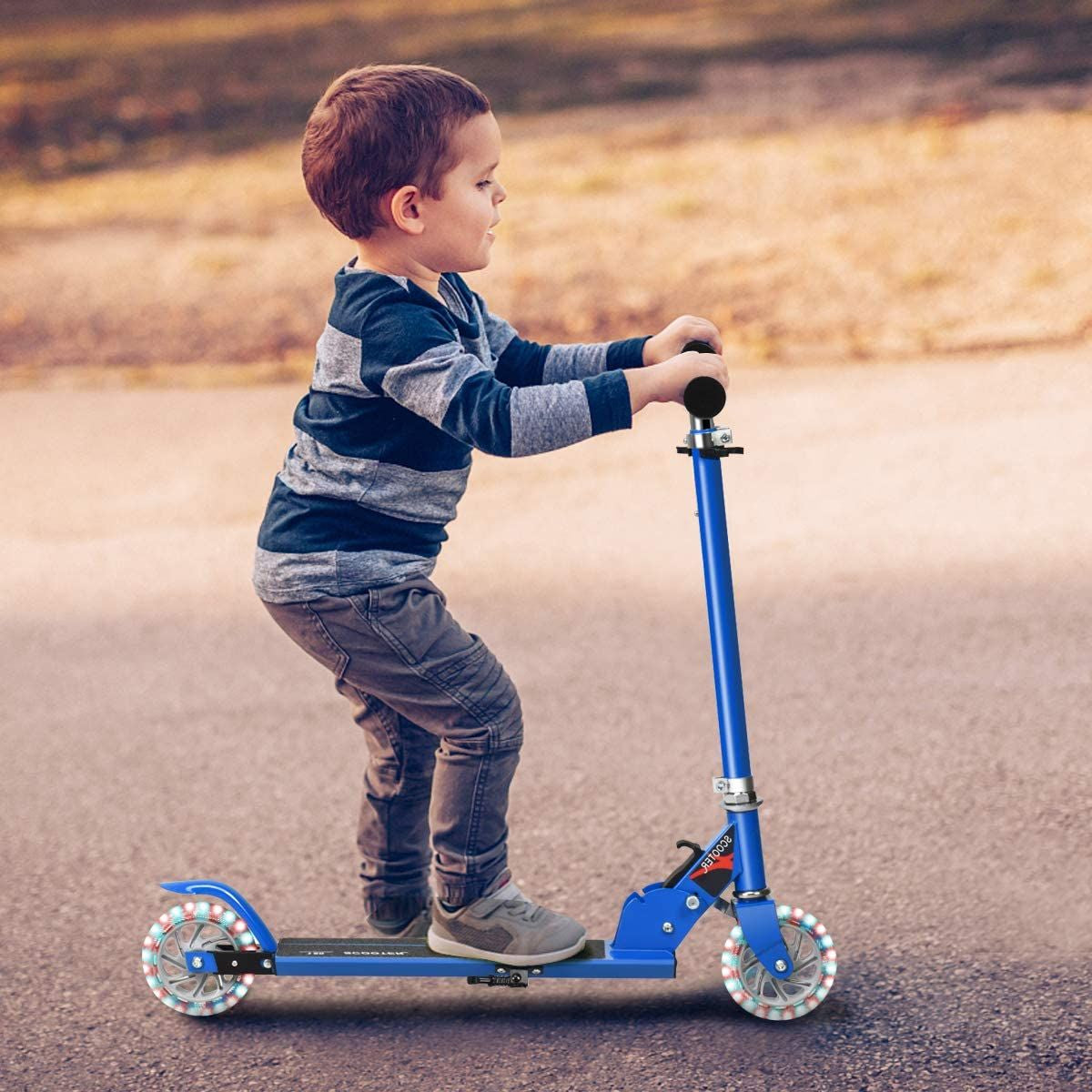 Trottinette Enfant 2 Roues Patinette Enfant Pliable Scooter Enfant Kick Avec LED Lumière Hauteur Réglable Bleu/Bleu Foncé/Rose/Rouge/Violet