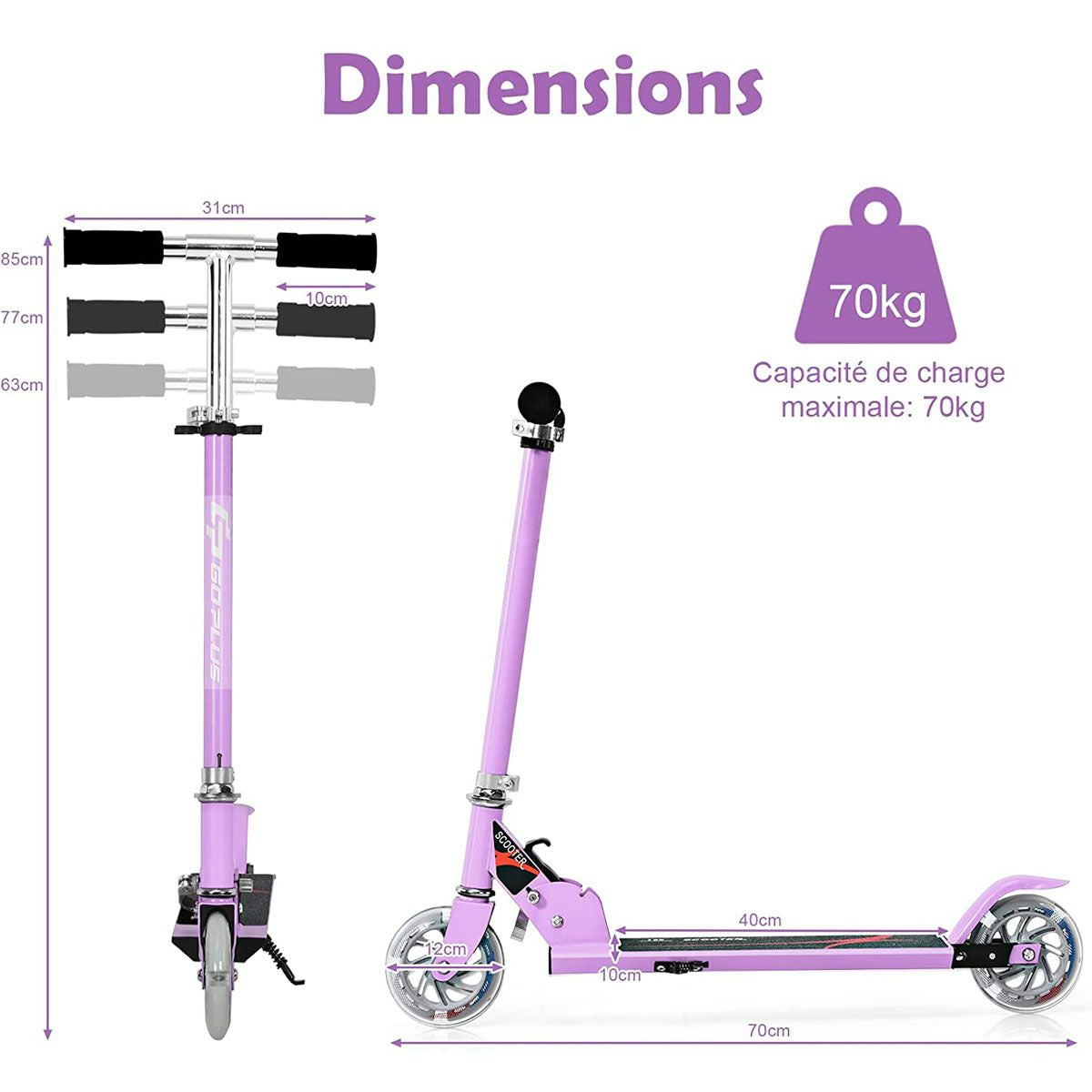 Trottinette Enfant 2 Roues Patinette Enfant Pliable Scooter Enfant Kick Avec LED Lumière Hauteur Réglable Bleu/Bleu Foncé/Rose/Rouge/Violet